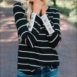 Striped Long Sleeve Top with Lace Button Detail